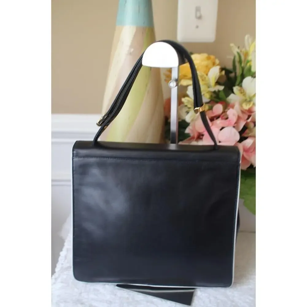 stunning BALLY BLACK WHITE TRIM HANDBAG PURSE (PU700